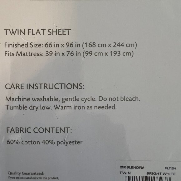 Everyday Living White Twin Flat Sheet 250 thread count ~ 66" x 96" Finished NIP - Picture 3 of 3